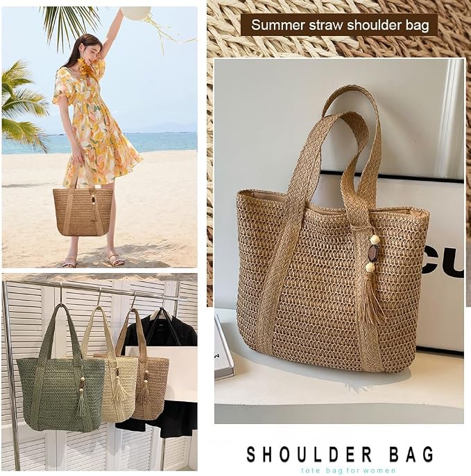 Straw Beach Bags for Women Woven Beach Tote Bag Casual Boho Large Shoulder