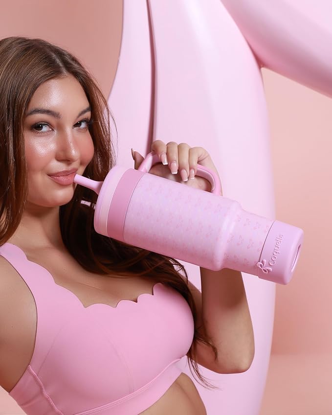 40 oz Insulated Tumbler with Handle and Push-Button Straw Lid, Stainless Steel Travel Cup for Gym Office, Leakproof, BPA-Free, Cup Holder Friendly, Bow Silicone Boot, Pink (Coquette Candy)