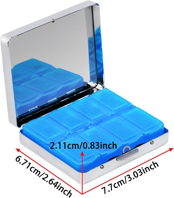 8‑Compartment Metal Pill Box Organizer – Portable Medicine Case 3″×2.6″ |