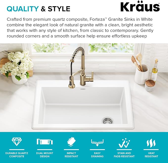KRAUS Forteza 33-inch Granite Drop In/Undermount Single Bowl White Kitchen Sink