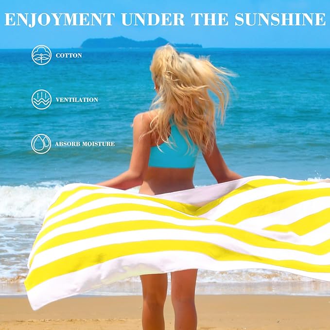 Exclusivo Mezcla 2 Pack Cotton Oversized 35x70 Inches Cabana Stripe Beach Towels, Super Absorbent Soft Plush Pool Bath Towel (Yellow)