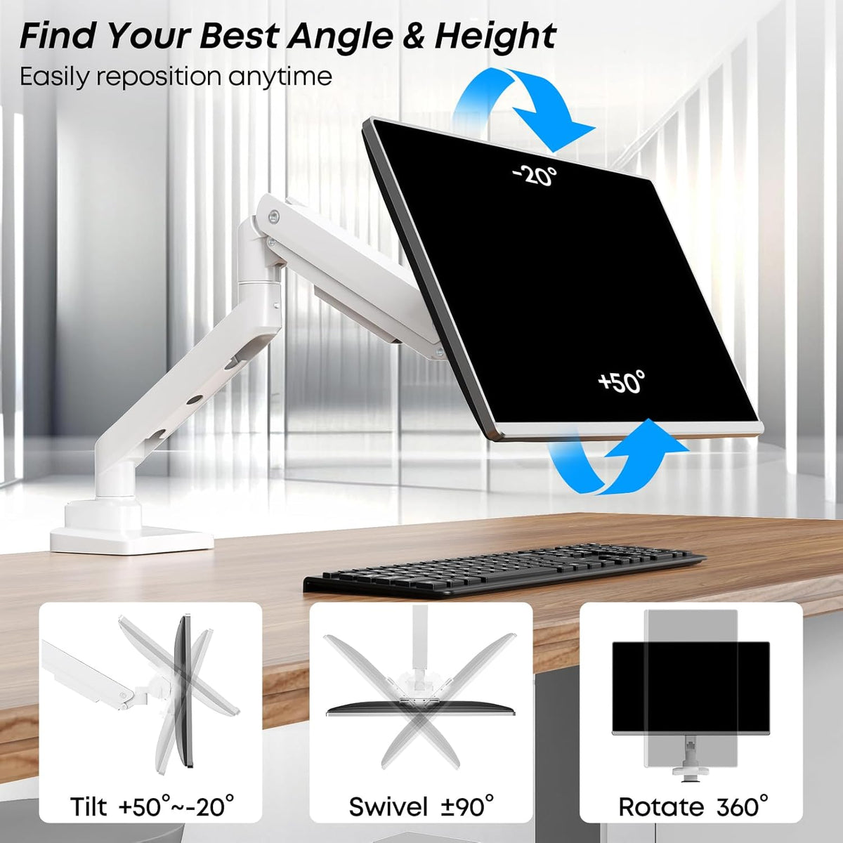Premium Heavy Duty Monitor Arm for 17 to 49 inch Screens up to 44lbs, Fully Adjustable Ultrawide Single Clamp-on Desk Mount Stand, VESA 75x75/100x100mm (White)