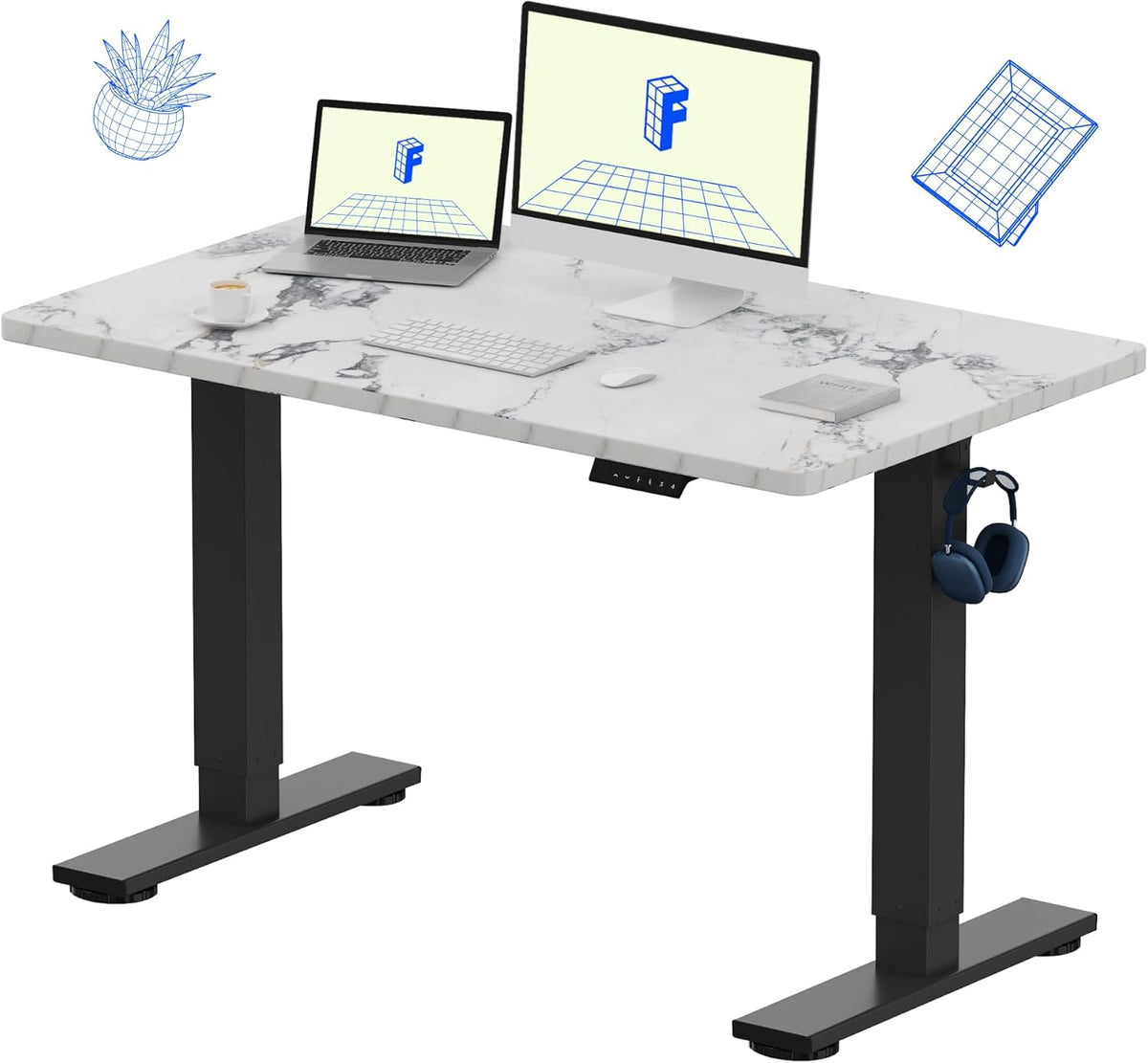 FLEXISPOT EN1 Whole-Piece Standing Desk 48 x 30 Inches Height Adjustable Electric Desk Sit Stand Desk Home Office Desks (Black Frame + Marble Gray Top, 2 Packages)
