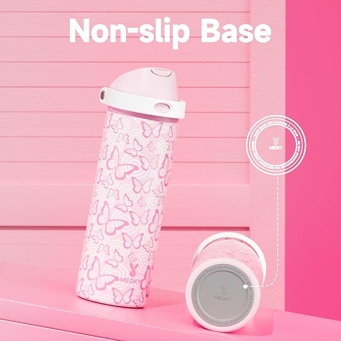 24 oz Insulated Water Bottle with Straw: Meoky Stainless Steel Metal Water Bottle with 2-in-1 Lid - Leak Proof, Cold for 24 Hours, Protective Silicone Base, BPA-Free for Sports Travel Car, Butterfly