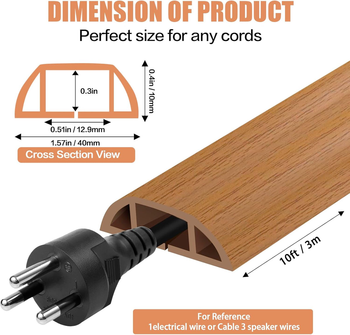 Floor Cord Cover Self Adhesive Cord Hider,10FT Cable Management, Extension Strip Protector for Wires, Prevent Cable Trips for Offices, Gyms, Exhibitions Cavity:0.51"(W) x 0.3"(H) Brown Wood