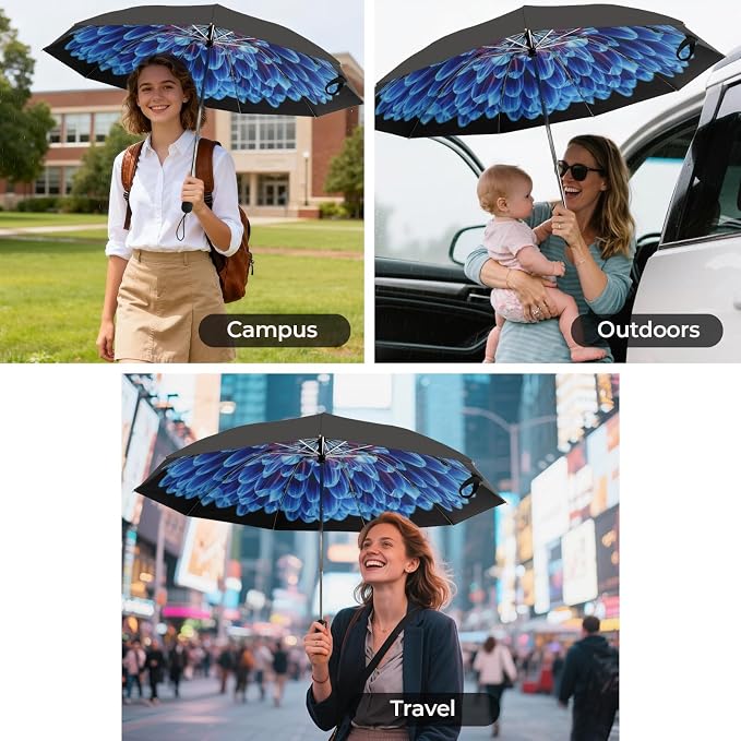 Compact Inverted Travel Umbrella, Automatic Open Close, 9-Rib 46 Inch Windproof