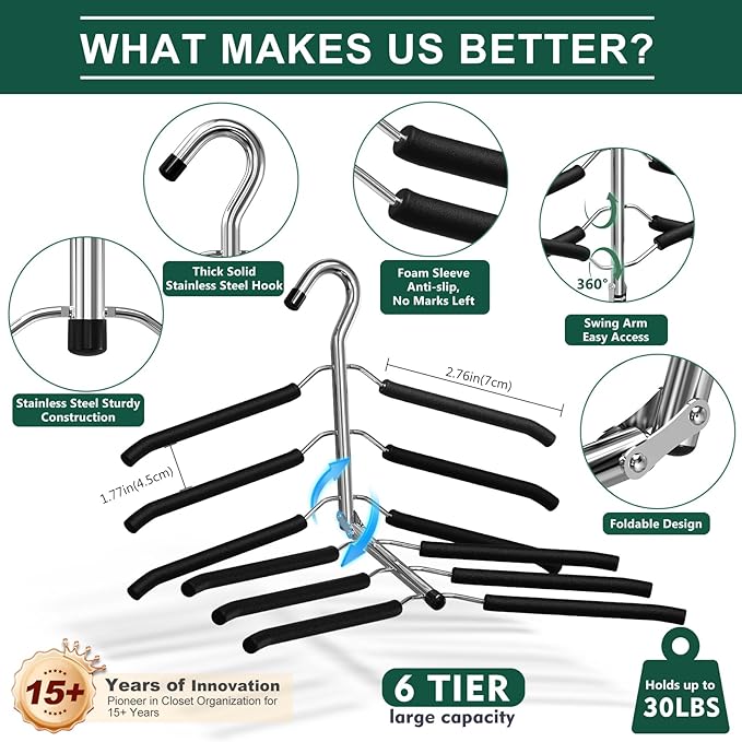 DOIOWN Clothes Hangers Space Saving: 6 Tier Coat Hanger Space Saving Hangers