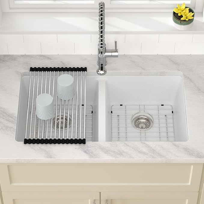 Dcolora 33 Inch Double Bowl Undermount Kitchen Sink White Deep Double Basin