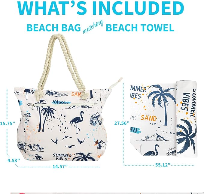 Beach Bag Spacious Shoulder Tote Travel & Gym Bag w/Multiple Pockets & Strong