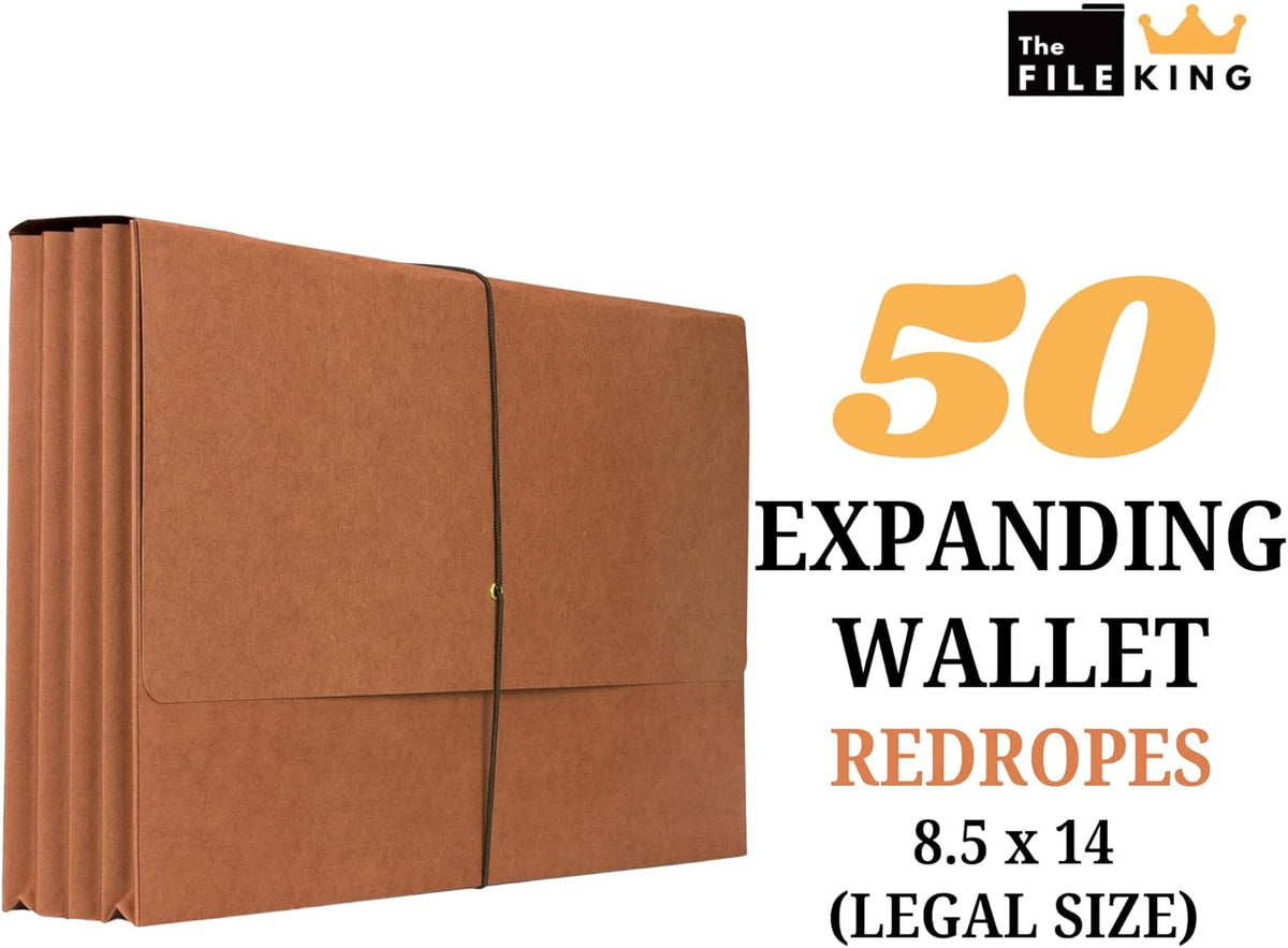 The File King Expanding File Wallet - Legal Size, 50 Redropes | USA Made | 3.5” Expandable File Folders | Redwell Folders Legal Size Wallets | Red Rope Expanding File Folder with Flap & Elastic Cord