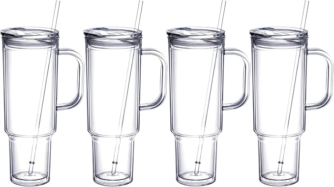 MEWAY 40 oz Acrylic Tumbler with Handle and Straw Lid，Double Wall Vacuum Reusable plastic Water Bottle Travel Mug Cup，Classic Tumblers Cupholder Friendly (4 Pack)