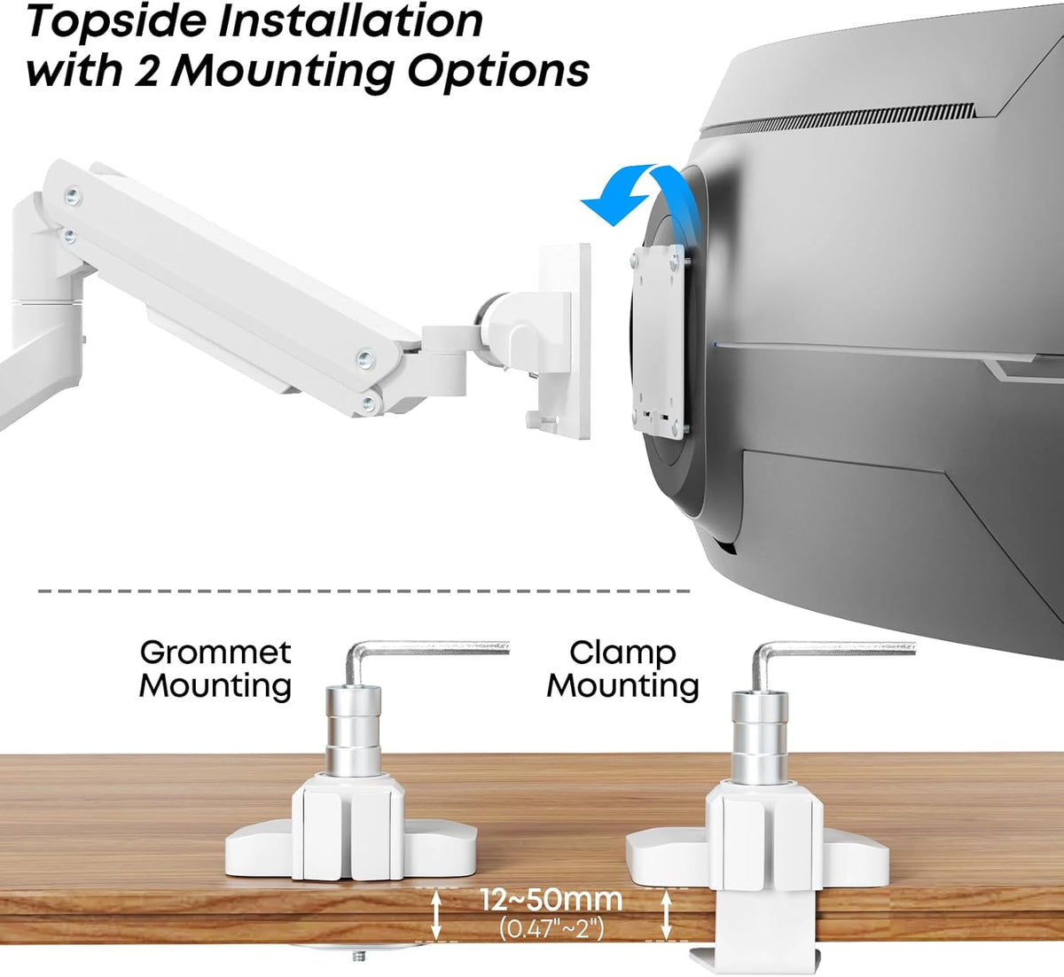 Premium Heavy Duty Monitor Arm for 17 to 49 inch Screens up to 44lbs, Fully Adjustable Ultrawide Single Clamp-on Desk Mount Stand, VESA 75x75/100x100mm (White)