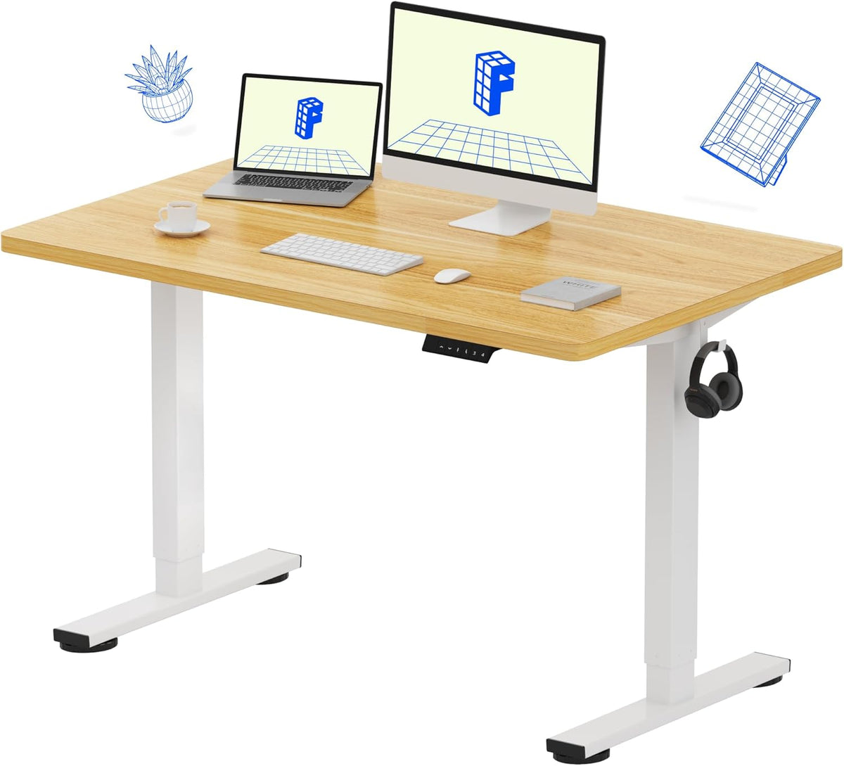 FLEXISPOT EN1 One-Piece Standing Desk 48 x 30 Inch Electric Height Adjustable Desk for Home Office and Computer Workstation (White Frame + Maple Top, 2 Packages)