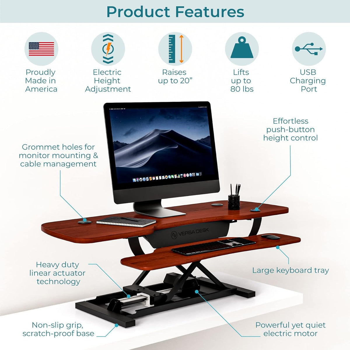VERSADESK 48 Inch Electric Height Adjustable Ergonomic Desk Converter, PowerPro™ Height Standing Desk Riser, Keyboard Tray, Built-in USB Charging Port, Sit Stand Workstation, Hold 80 lbs, Cherry