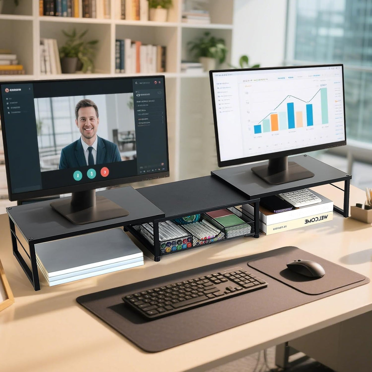 Dual Monitor Stand Riser, Desk Organizer with Drawer, Office Desk Organizers and Accessories, Office Workspace Organization, Computer Monitor Stand for Laptop, Printer (Black)