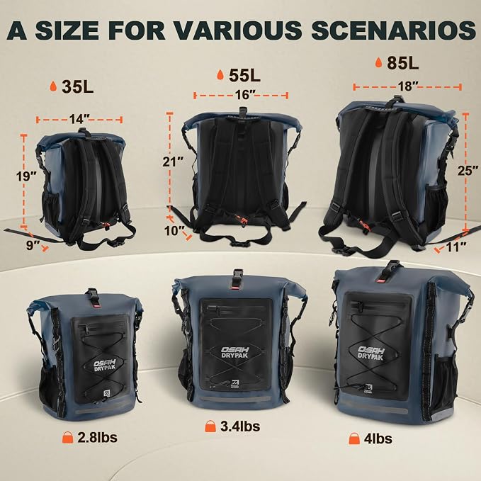 Waterproof Backpack Dry Bag 35L/55L/85L – Heavy Duty Roll-Top Hiking Backpack