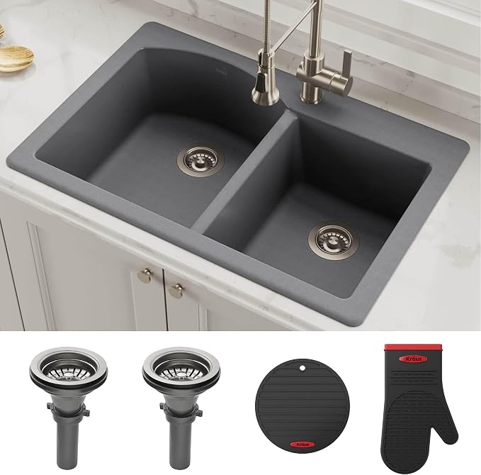 KRAUS Forteza 33-inch Drop In/Undermount 60/40 Double Bowl Granite Kitchen Sink