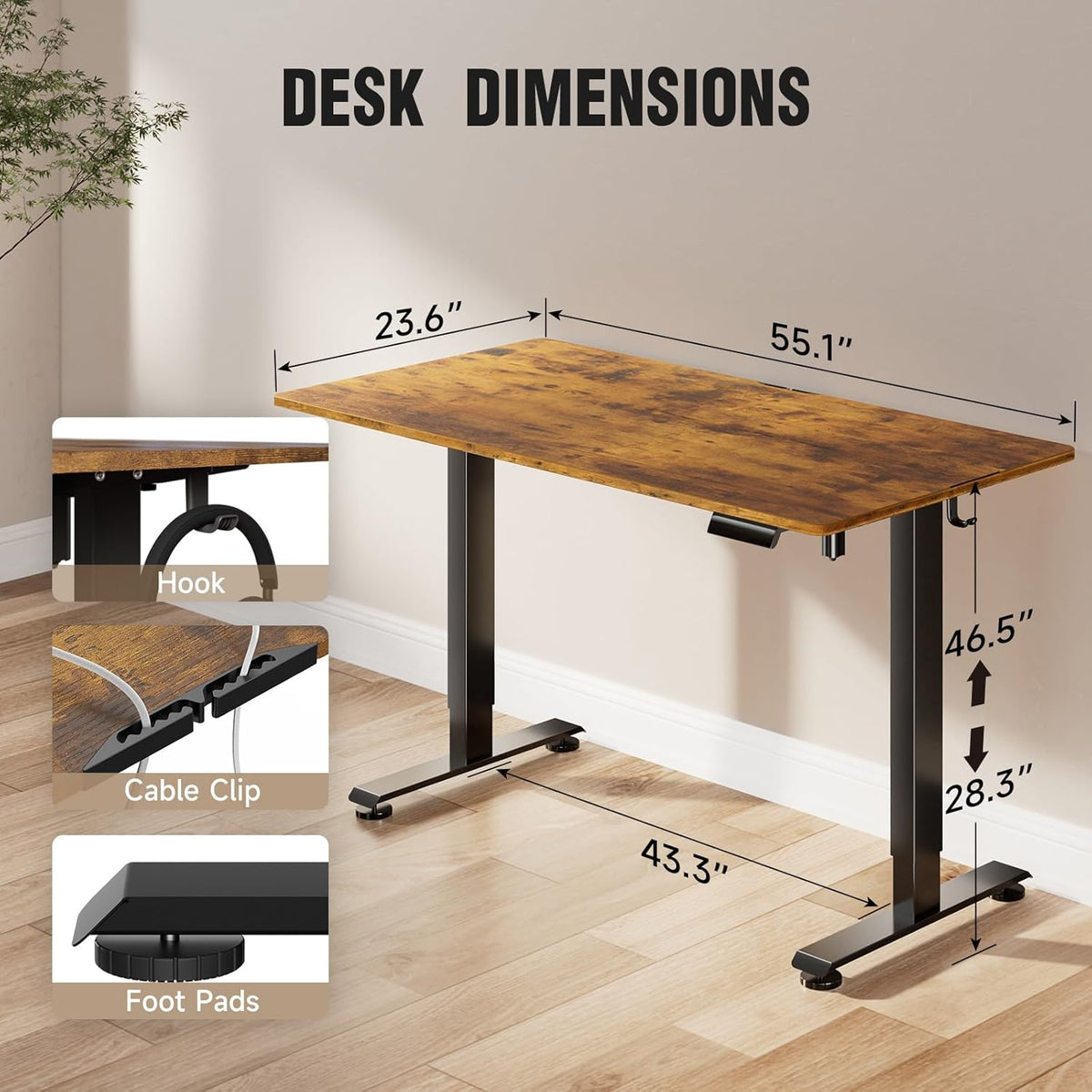 Veken 55 Inch, Height Adjustable Sit Stand Up, Wood Desktop, Work Home Office Computer PC Table, Tall Standup Workstation, Gaming Writing Study Bedroom Rising Desks, Brown
