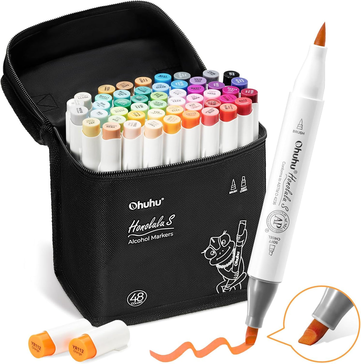 Ohuhu Alcohol Markers: Soft Chisel Red Dot Design Award Winner 48-color Brush & Soft Chisel Dual Tips Drawing Markers for Artists Beginners Adults Coloring Illustration Sketching - Honolulu S