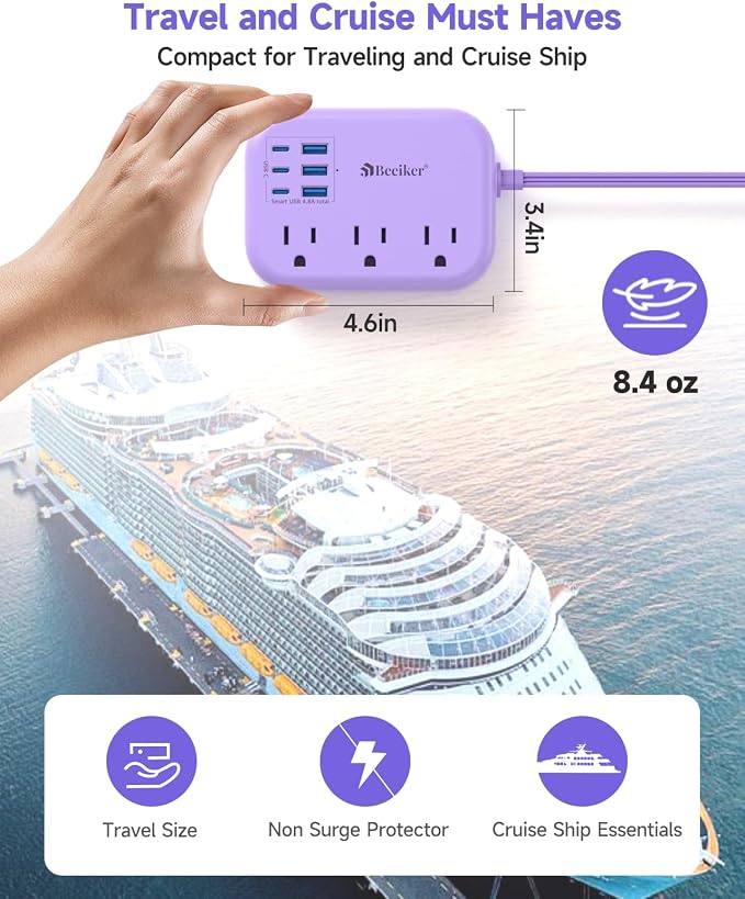 6 USB Purple Travel Power Strip- 5Ft Purple Extension Cord