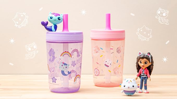 Zak Designs Gabby's Dollhouse Kelso Toddler Cups For Travel or At Home, 15oz 2-Pack Durable Plastic Sippy Cups With Leak-Proof Design is Perfect For Kids Cakey Cat, Mercat