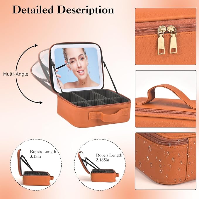 Travel Makeup Bag With LED Mirror, Makeup Travel Train Case with 3 Color Setting