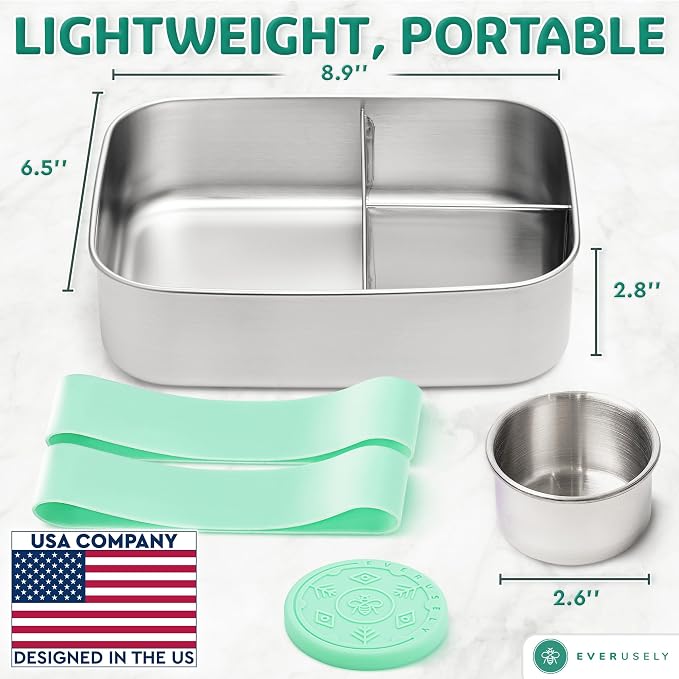 Everusely - Bento Box - Green, 60oz / 1.8 L - Stainless Steel Lunch Box - 3