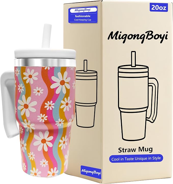 2PCS 20-OZ Insulated Water Bottle,Insulated Stainless Steel Tumbler,Reusable Cold Drink Thermos,BPA-Free, Double-Wall Stainless Steel Water Bottle (Pink-Rainbow Flowers, 20, Fluid Ounces)
