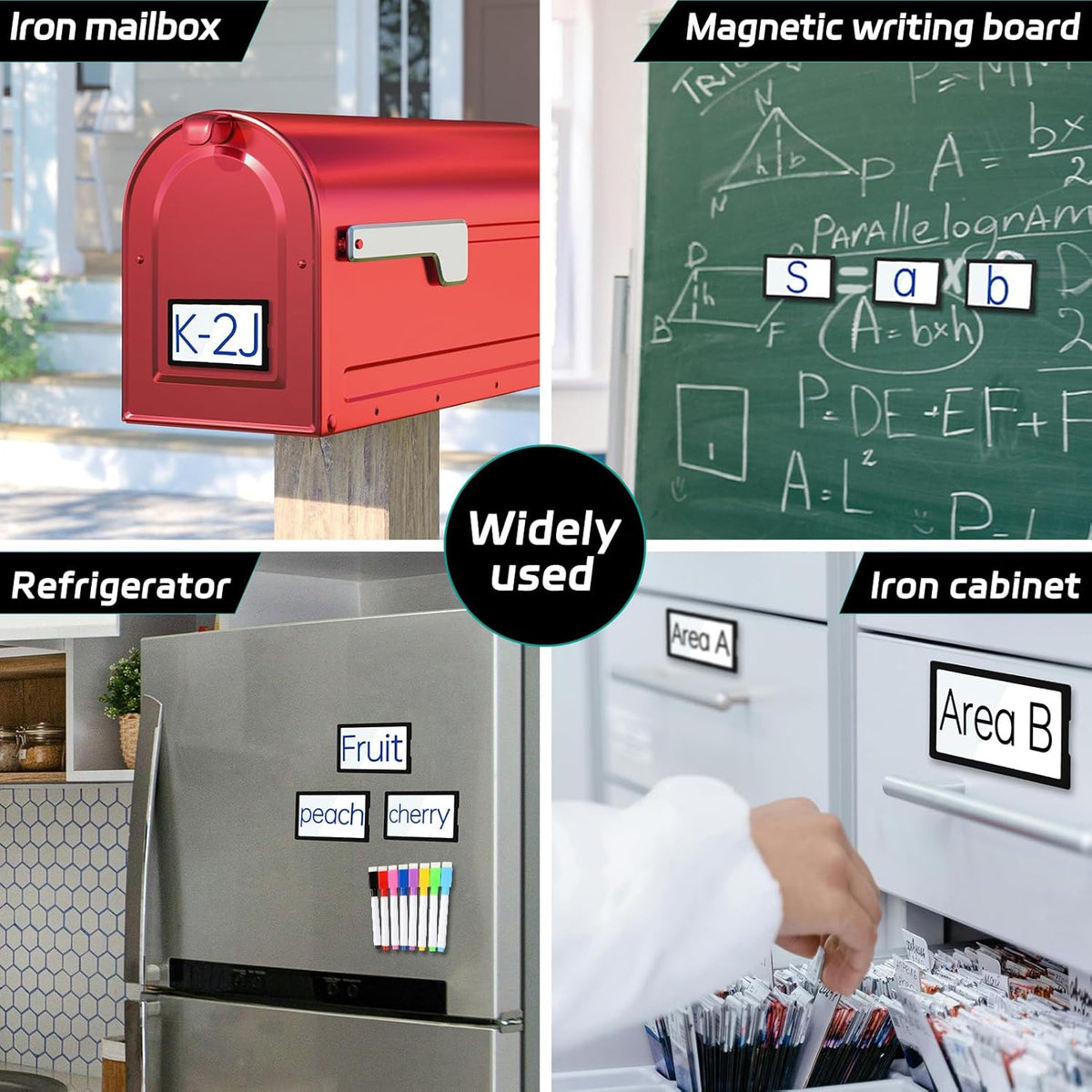 20Pcs 2x4 inch Magnetic Plastic Label Holder for Supermarket Store Price Tag, Metal Shelf File Storage Cabinet Drawer Label Tag Resuable with 8 Color Chalk Makers, 20Pcs White Paper (Black)