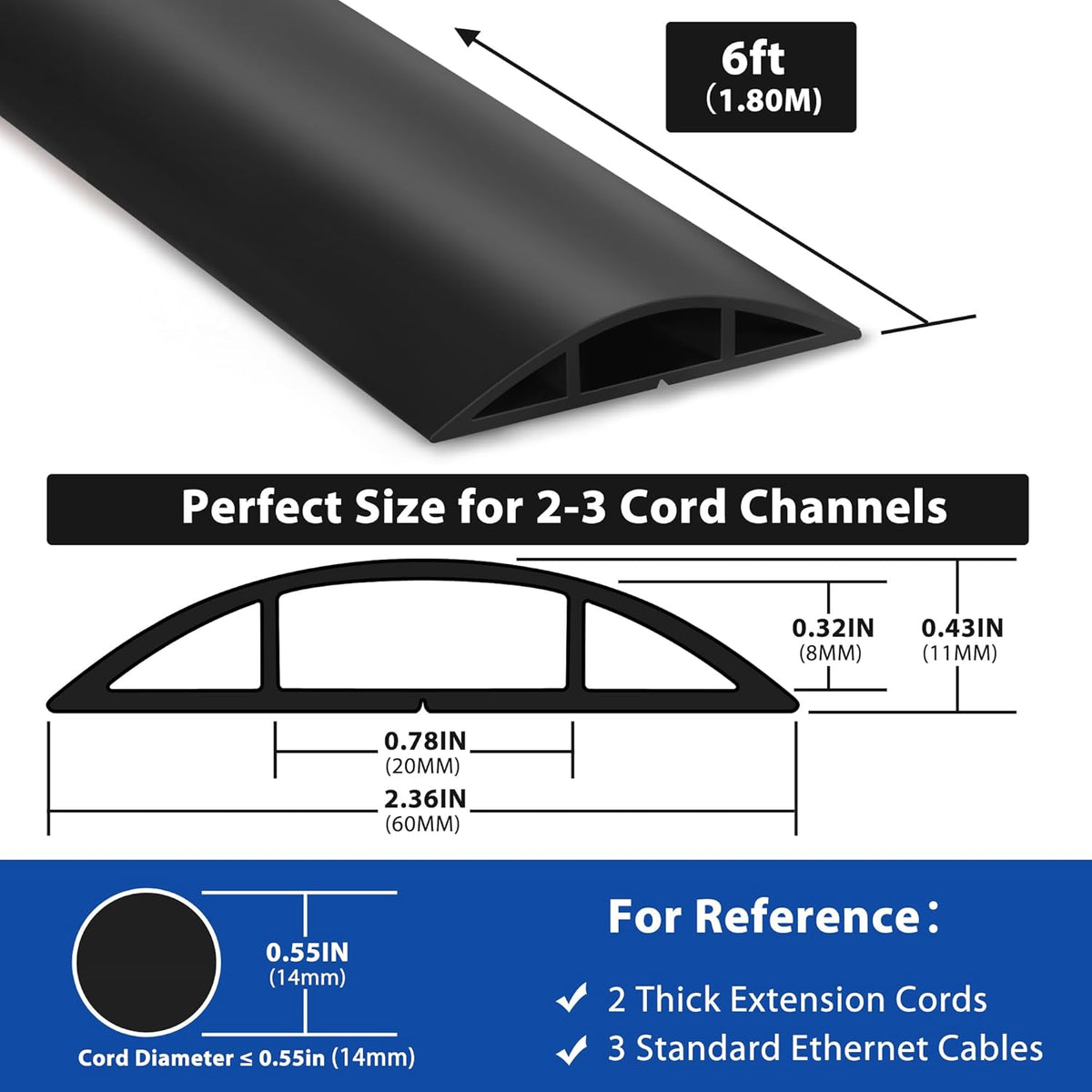 6ft Heavy Duty Cord Hider for Floor, Black Cable Management Cover, Hide Electrical Wires, Protector With 0.78" W x 0.32" H Cable Cavity