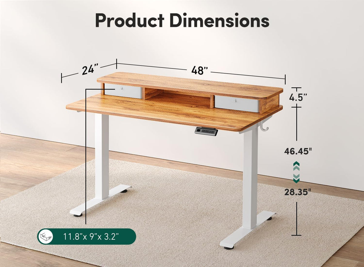 FEZIBO 48 x 24 Inch Height Adjustable Electric Standing Desk with Double Drawer, Computer Desk, Home Office Stand Up Table with 4 Height-Adjustable Feets & 2 Hooks, Light Rustic