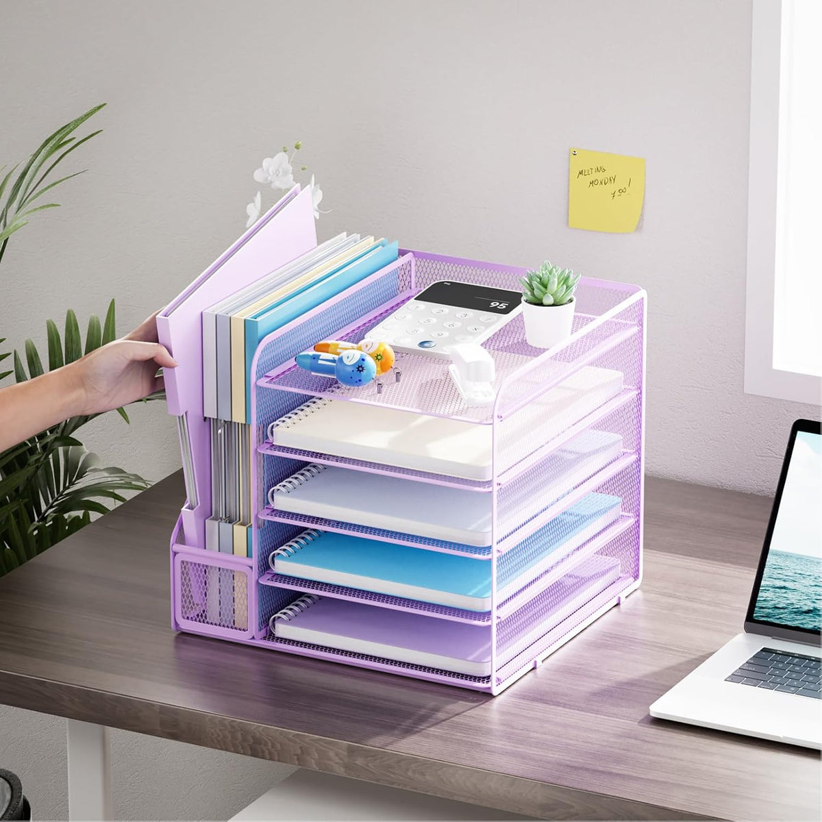 Marbrasse Desk Organizers and Accessories, 5-Tier Paper Letter Tray Organizer with File Holder, Mesh File Organizer, Office Desk Accessories & Organization for Supplies (Purple)