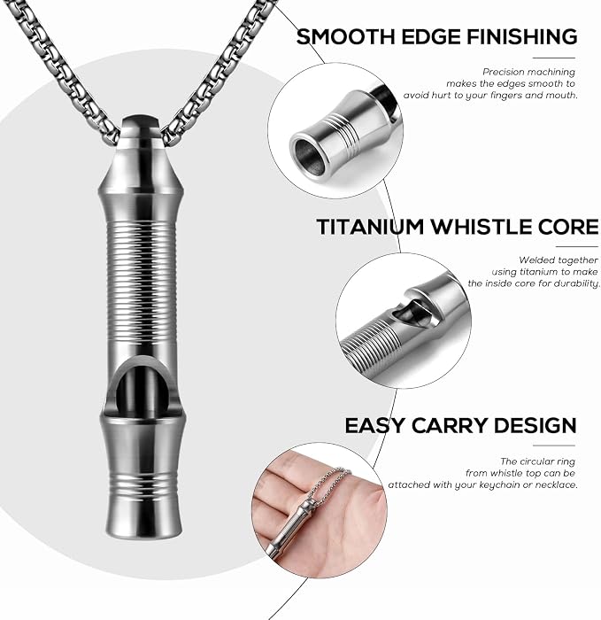 TISUR Titanium Emergency Whistle, EDC Safety Whistles Necklace Loud up to 120db