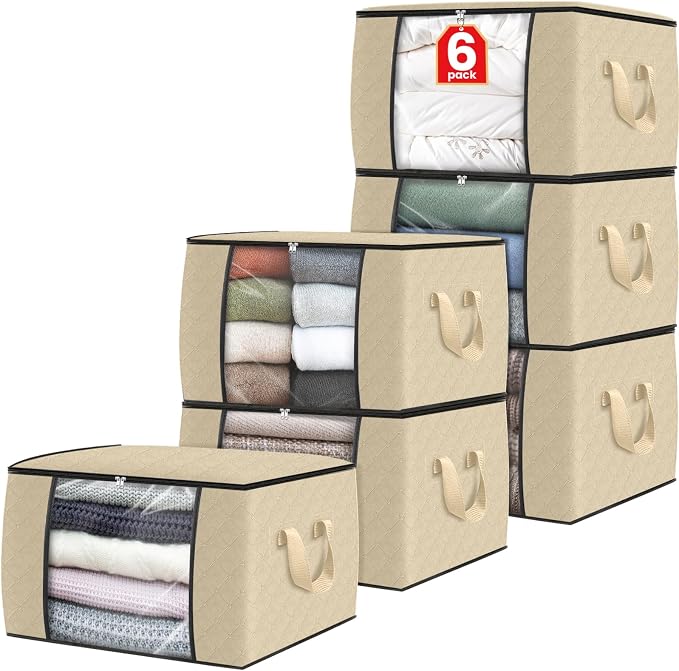 Fab totes 6 Pack Clothes Storage, Foldable Thick Fabric Blanket Storage Bags