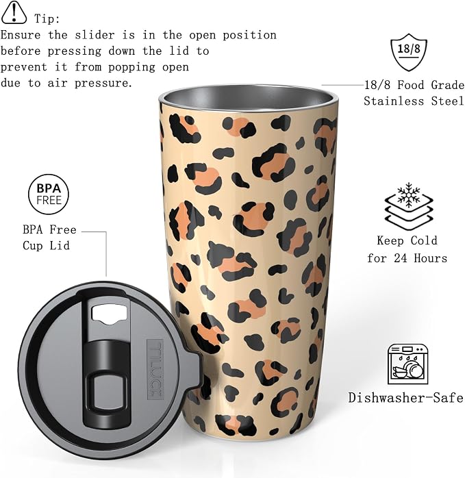 TILUCK 20 oz Insulated Tumbler with BPA-Free Lid, Stainless Steel Vacuum Travel Coffee Mug, Double Wall Coffee Tumbler（20oz，Leopard）