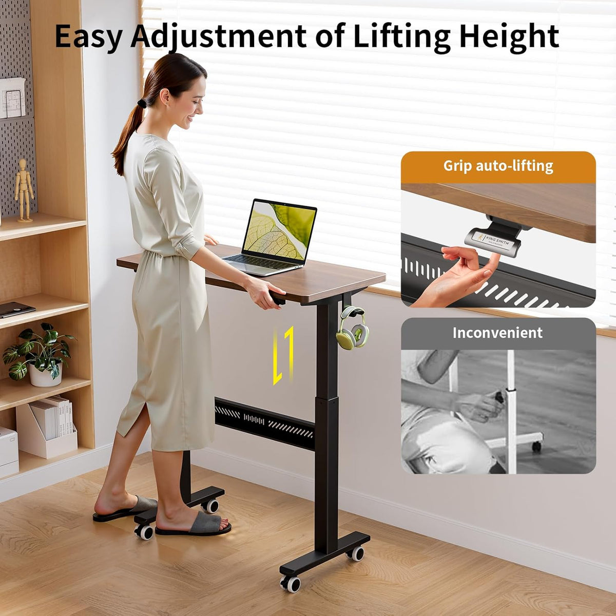 Mobile Walking Pad Desk with Wheels, Pneumatic Small Rolling Standing Desk Riser Height Adjustable (28-43.7") for Treadmill, Portable Computer Table for Home Office, Black Walnut