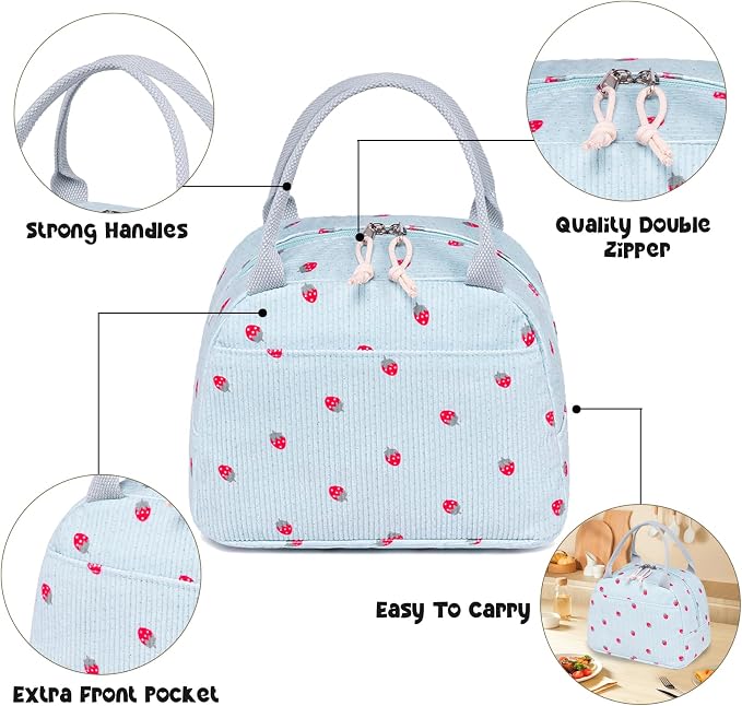 Bluboon Lunch Bag for Women Men Cute Corduroy Lunch Tote Bags Reusable