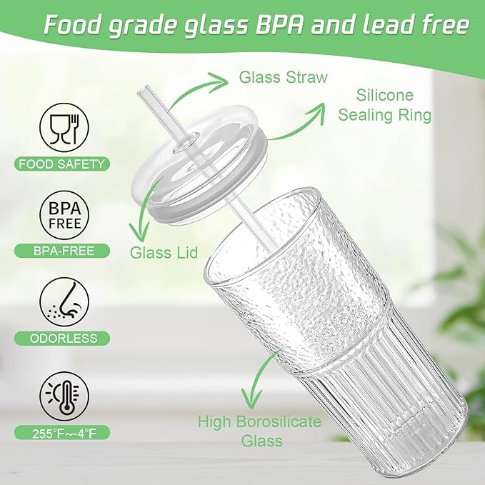 Luiaiog Glass Cups with Lids and Glass Straws, High Borosilicate 20OZ Tumblers (2Pcs) for Coffee, Tea, Juice, Smoothies, Hot/Cold Drinks at Home, Office（Creative Drink Label Design）