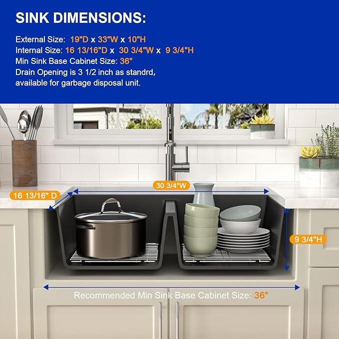 Dcolora 33 inch Quartz Matte Black Granite Composite Double Bowl Undermount