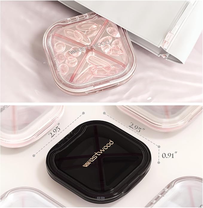 1 Pack Small Purple Pill Organizer, 4 Compartments, Compact Stylish Cute Travel