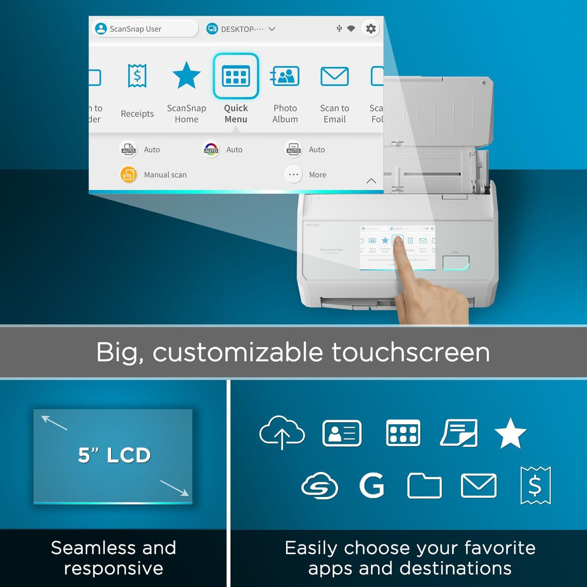 ScanSnap iX2500 Wireless or USB High-Speed Cloud Enabled Document, Photo & Receipt Scanner with Large 5" Touchscreen and 100 Page Auto Document Feeder for Mac or PC, White