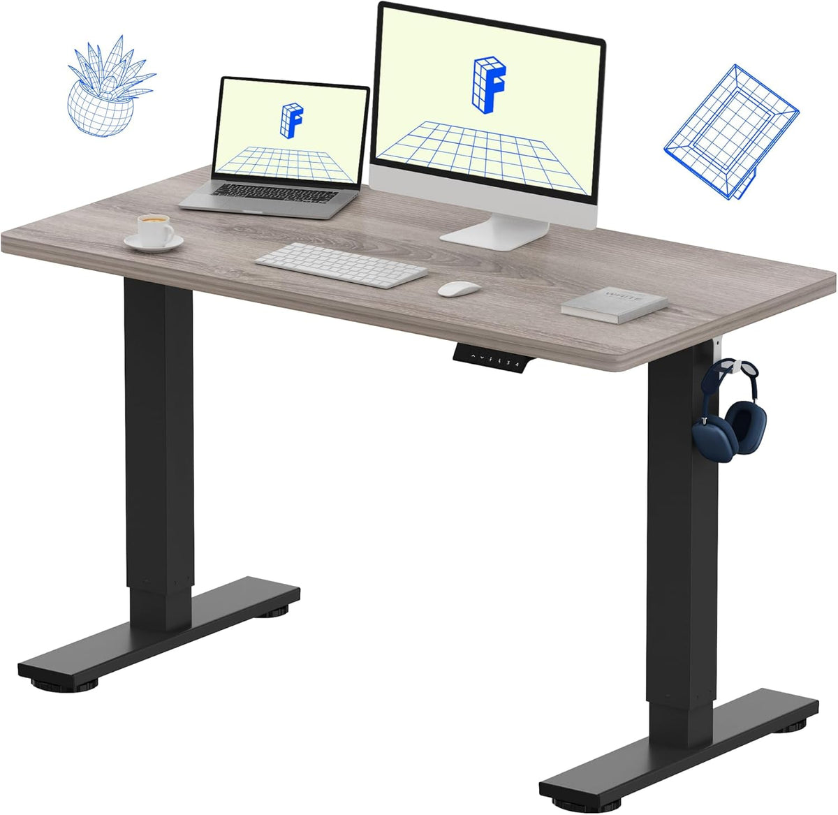 FLEXISPOT EN1 Whole-Piece Standing Desk 48 x 24 Inches Height Adjustable Electric Desk Sit Stand Desk Home Office Desks (Black Frame + Gray Wood Grain Top, 2 Packages)
