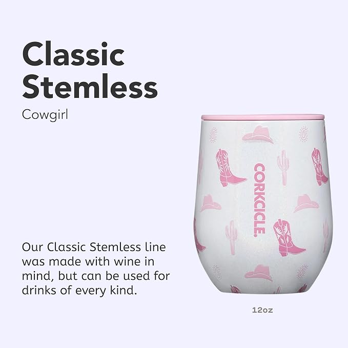 Corkcicle Classic Stemless Wine Tumbler - Keeps Drinks Cold for 6 Hours - Triple-Insulated Stainless Steel - Non-Slip Bottom - Summer Drinkware Gift - Keeps Drinks Ice Cold - 12 oz - Cowgirl