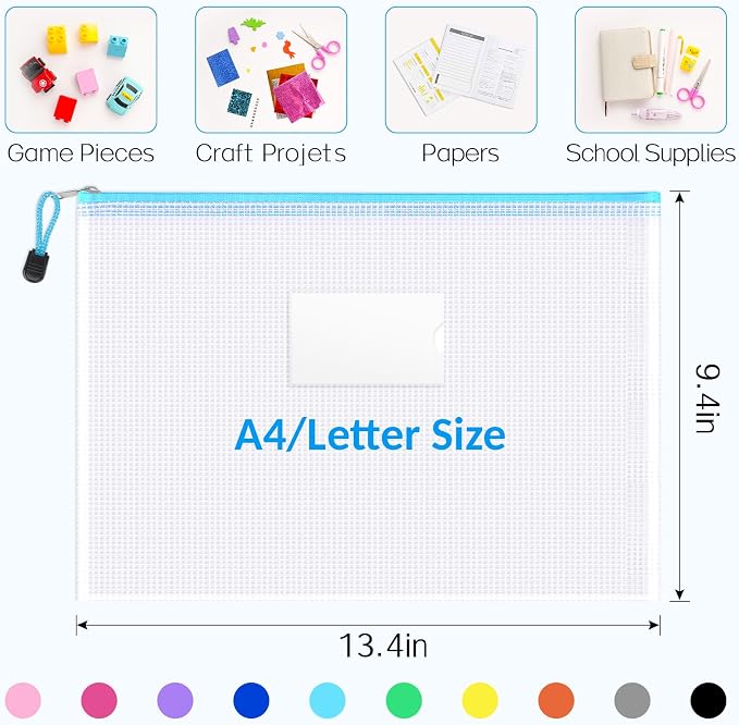 Sooez 14 Pack Mesh Zipper Pouch Bags, A4 Letter Size, Zipper Bags