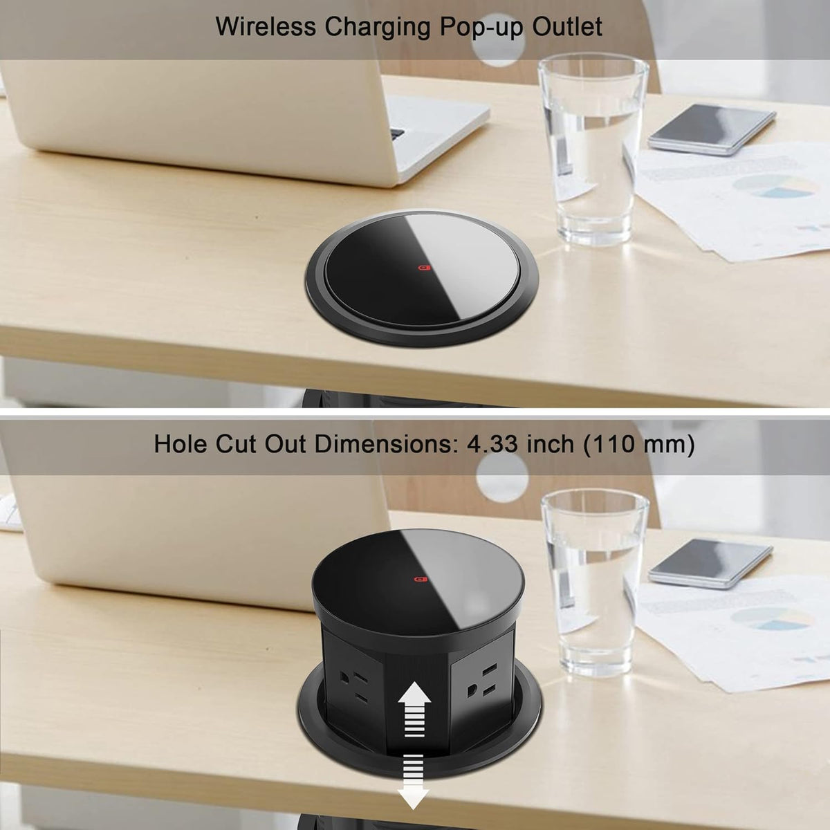 Pop Up Outlet with 15W Wireless Charger, 4.33 inch Pop Up Outlet for Countertop, 3 AC Plug 1 USB-A 1 USB-C Hidden Outlet Pop Up Electrical Outlet for for Kitchen/Home/Office