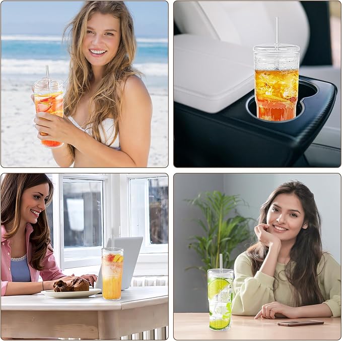 20oz Glass Cups With Glass Lids and Straws, High Borosilicate Iced Coffee Cups, Reusable Glass Tumblers for Coffee, Tea, Juice, Smoothies, Hot/Cold Drinks at Home, Office - 4 Packs
