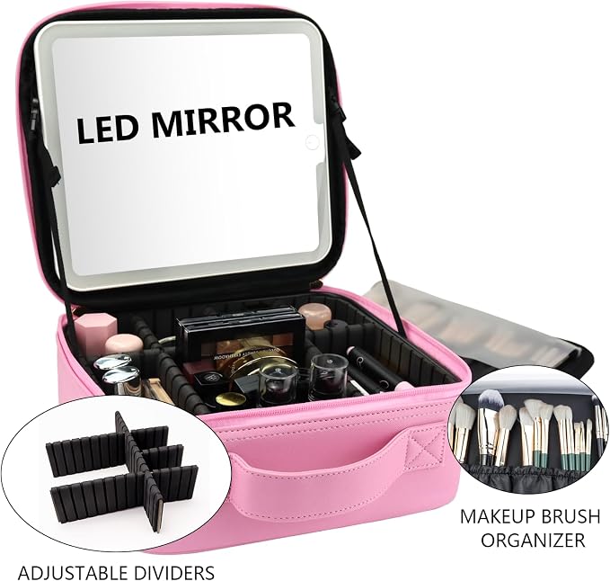 Travel Makeup Bag with LED Mirror Travel Makeup Organizer with 3 Lighted