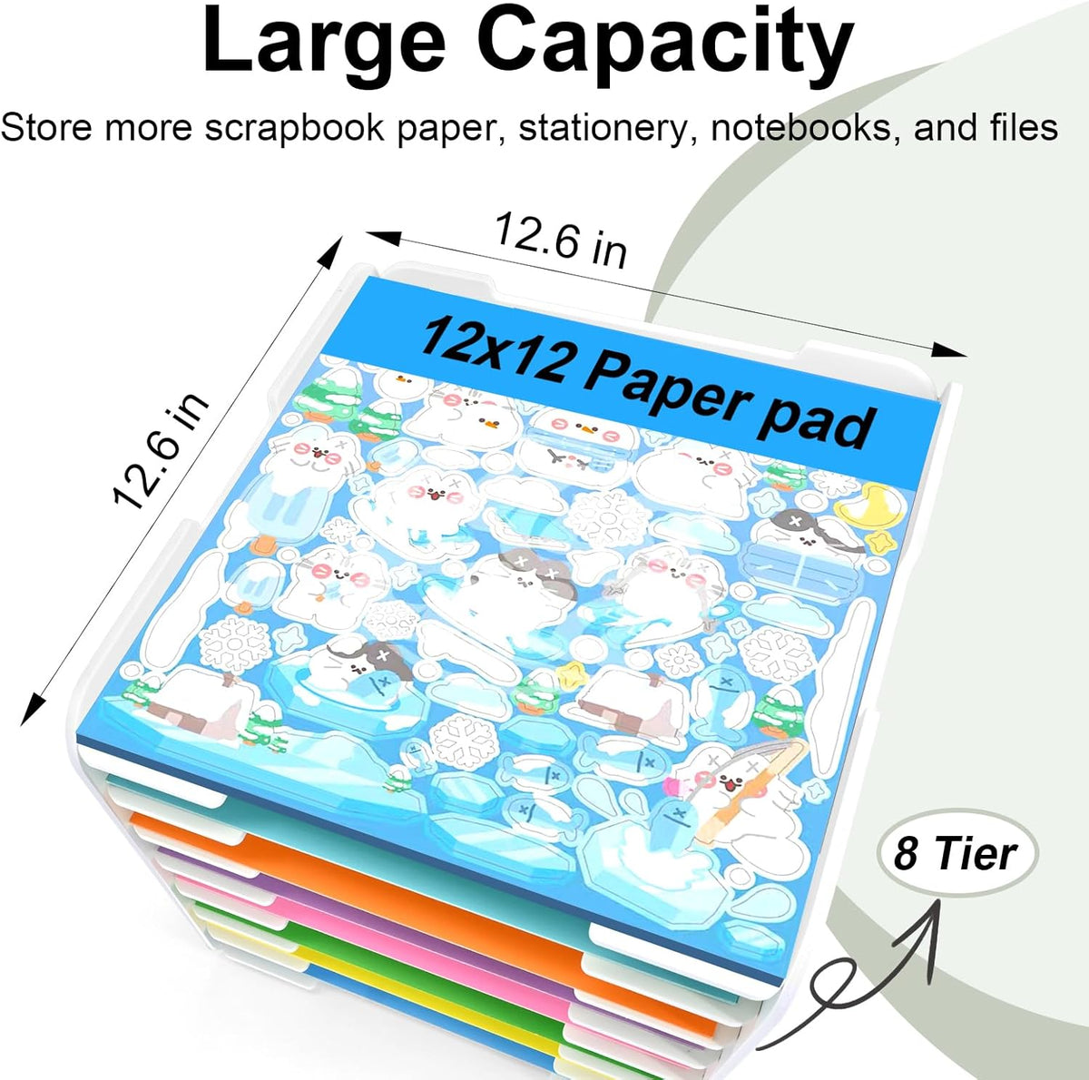 12x12 Paper Organizer, 8-Tier Scrapbook Paper Storage, Stackable Desktop File Holder for Home, Office, Classroom, and Craft Room