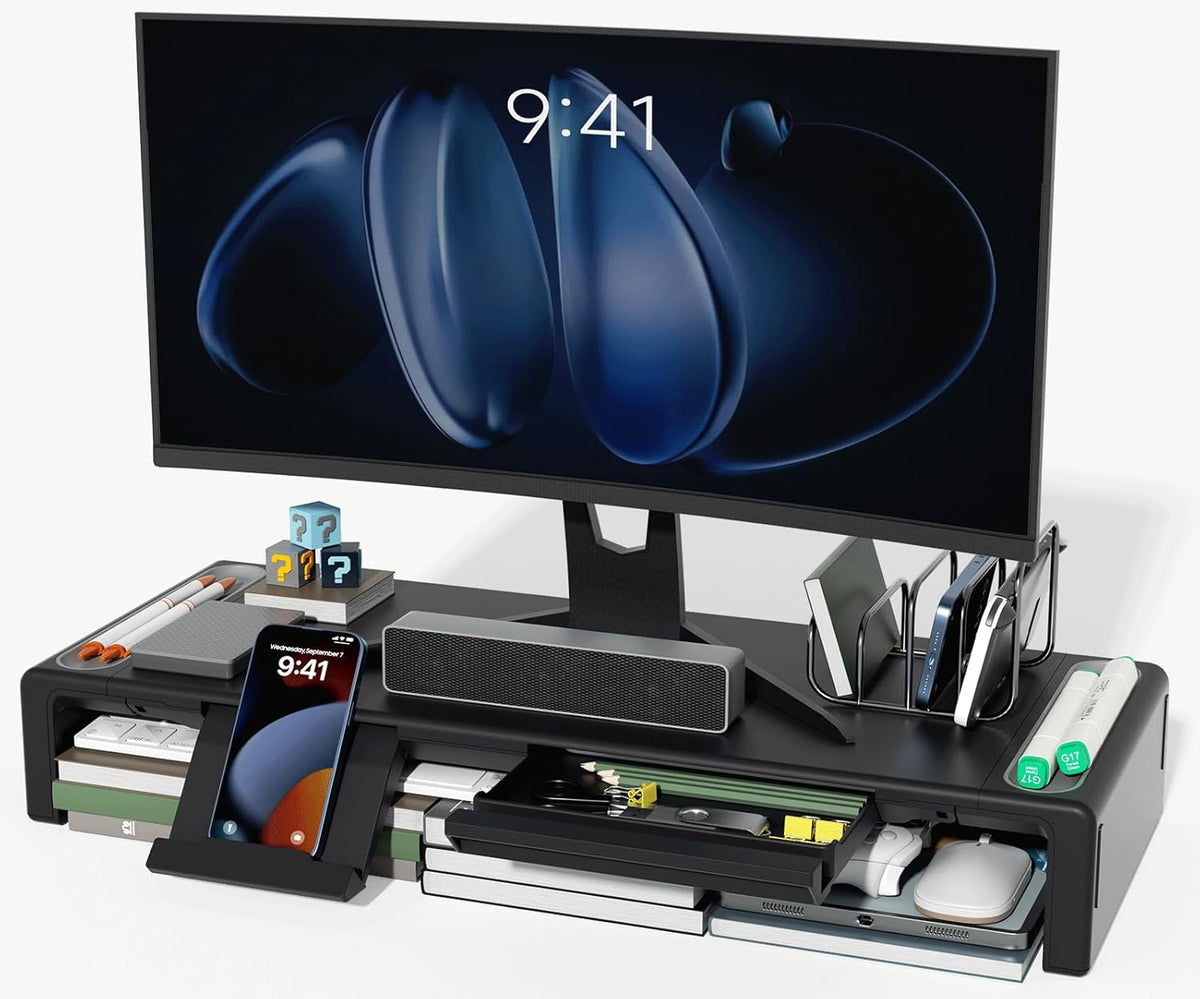 OImaster Monitor Stand Riser, Foldable Computer Monitor Riser, Adjustable Length Computer Stand and Storage Drawer & Pen Slot, Phone Stand Compatible Computer, Desktop, Laptop, Save Space (Black)