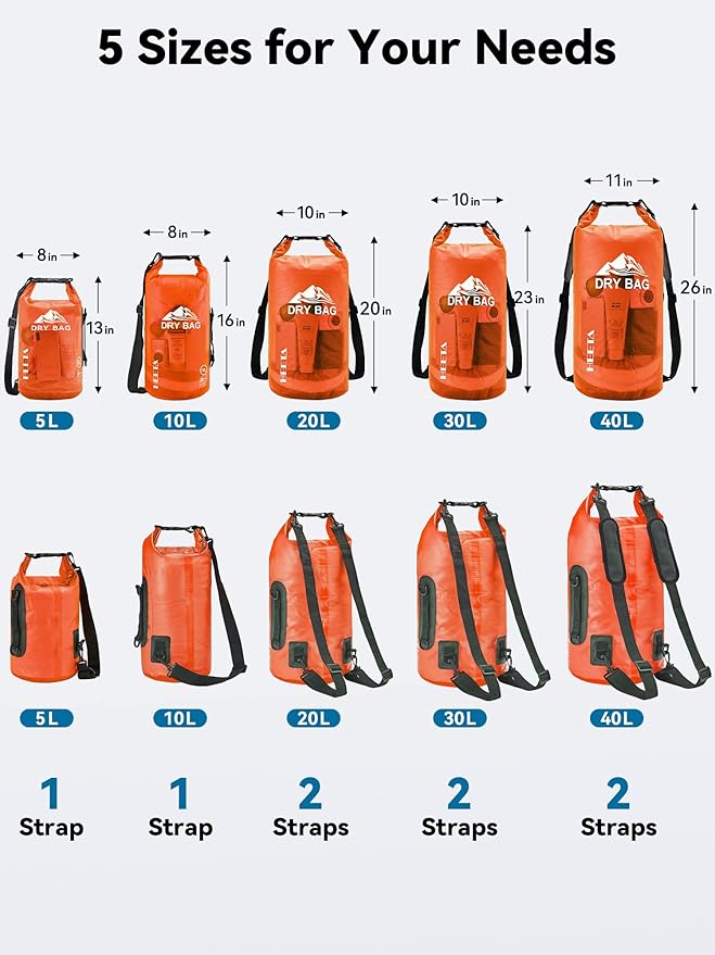 HEETA Dry Bag Waterproof for Women Men, 5L/10L/20L/30L/40L Roll Top Lightweight Dry Storage Bag Backpack with Phone Case for Travel Swimming Boating Kayaking Paddle Board Camping Beach Accessories